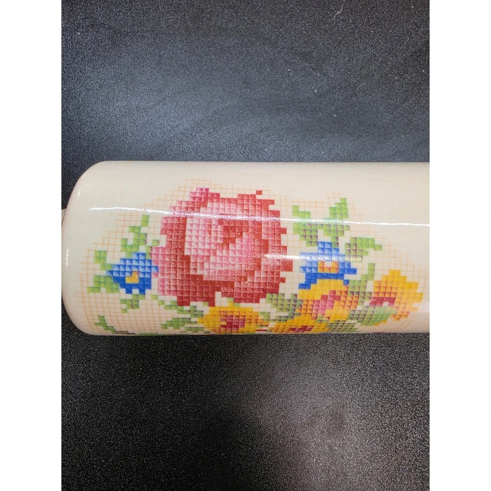 Vintage Ceramic Water Filled Rolling Pin Floral Cross Stitch Cream 15.5in